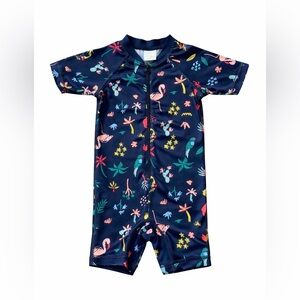 Hanna Andersson one-piece rashguard swimsuit tropical print flamingos parrots